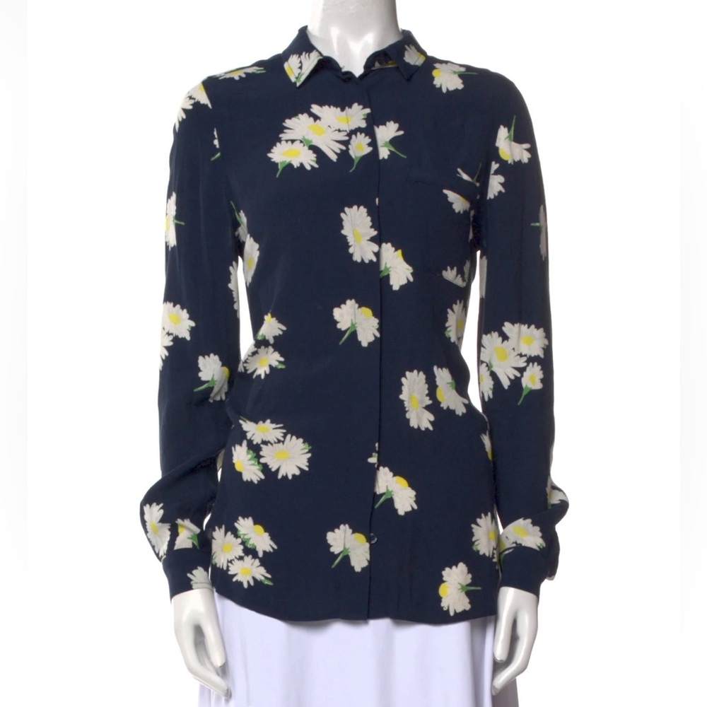 Ganni Navy Blue Floral Daisy Long Sleeve Button Up Blouse Top